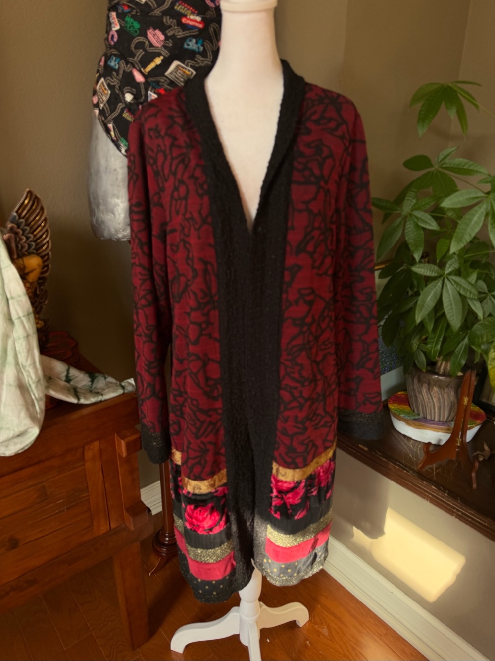 Chico's Burgundy Floral Tapestry Long Duster Coat with Black Trim - Picture 2 of 6